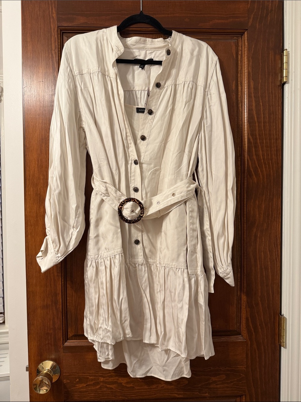 Banana Republic Cream Button-Front Long Sleeve Belted Dress